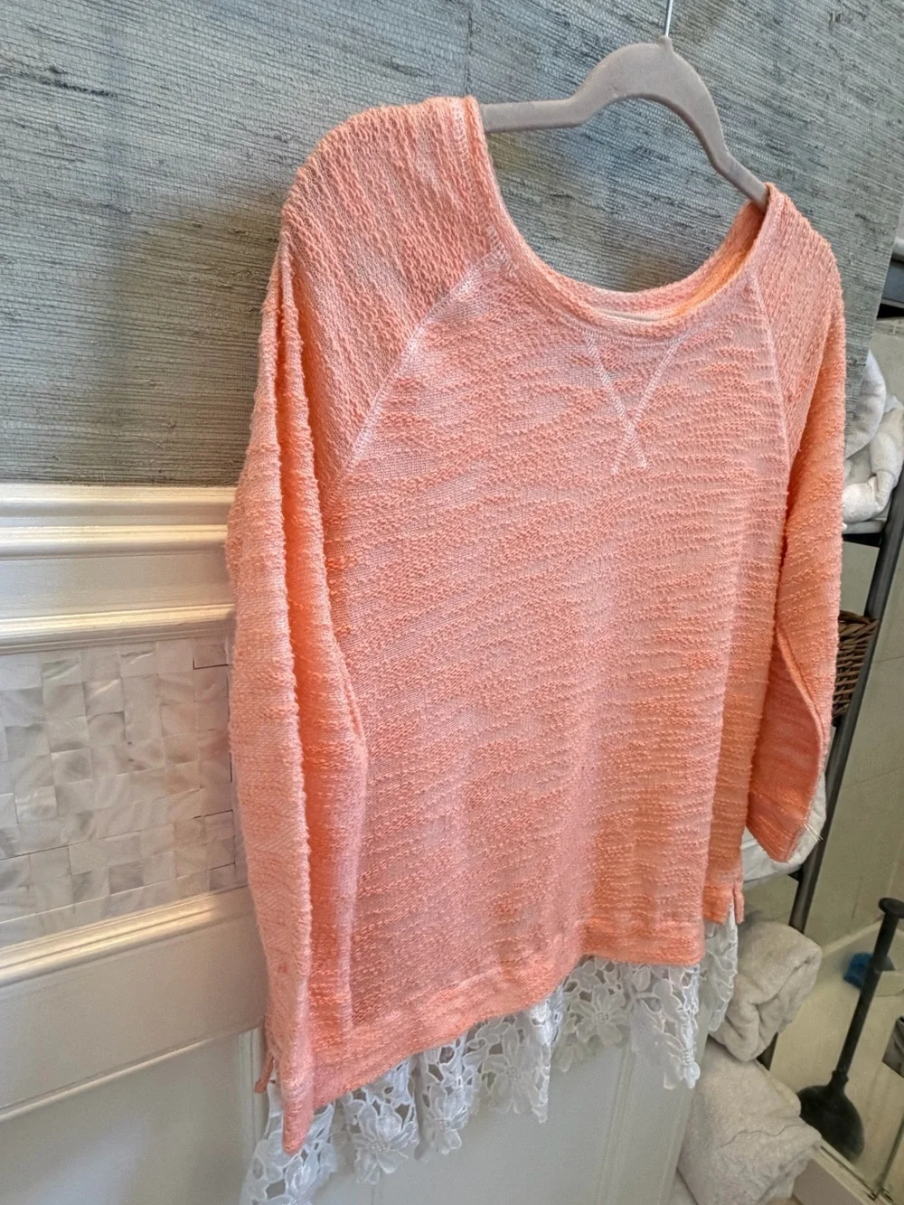 Anthropologie Sunday in Brooklyn lace hem sweater peach pull over top medium